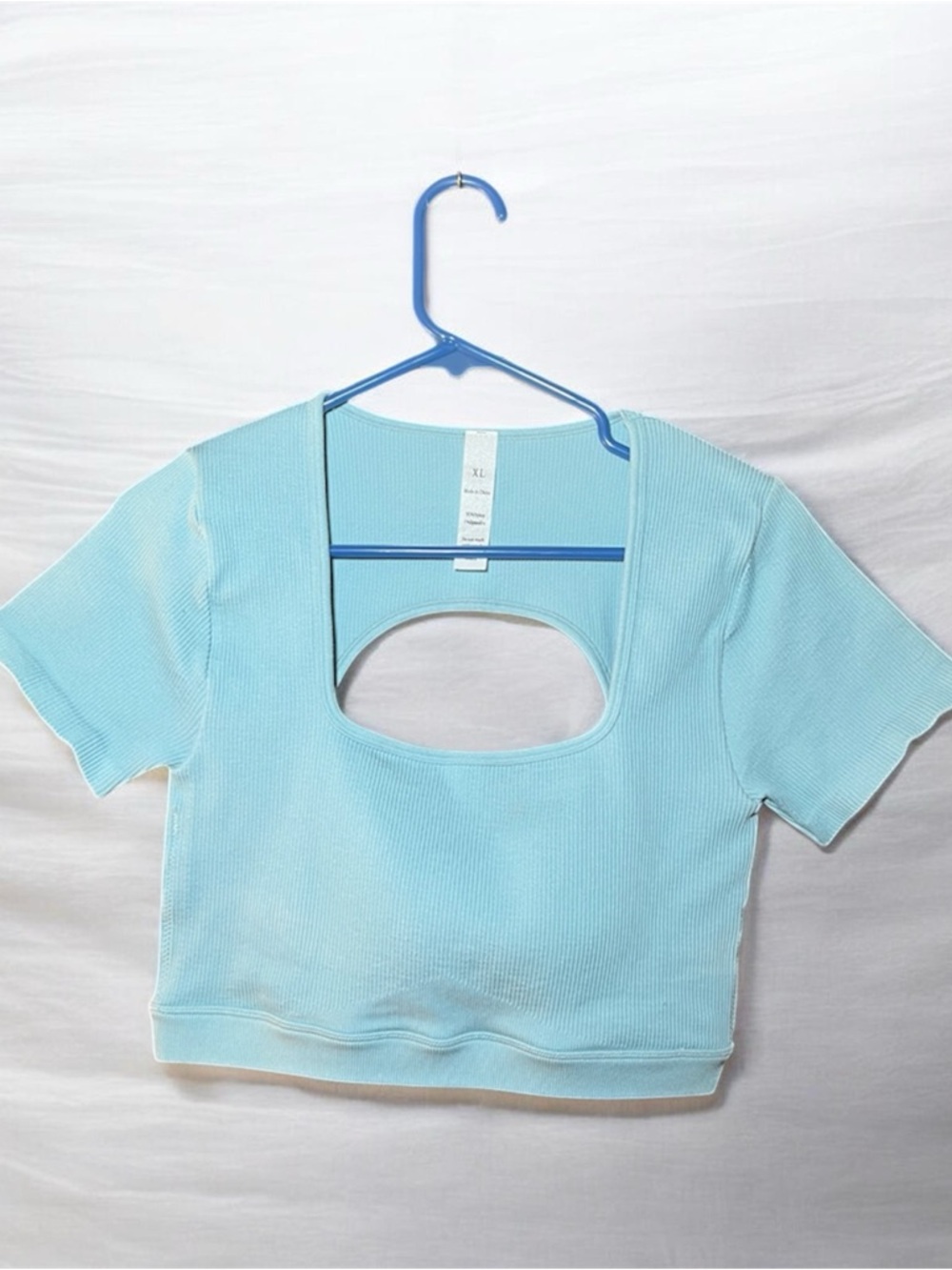Square Cutout Ribbed Crop Top in Light Blue